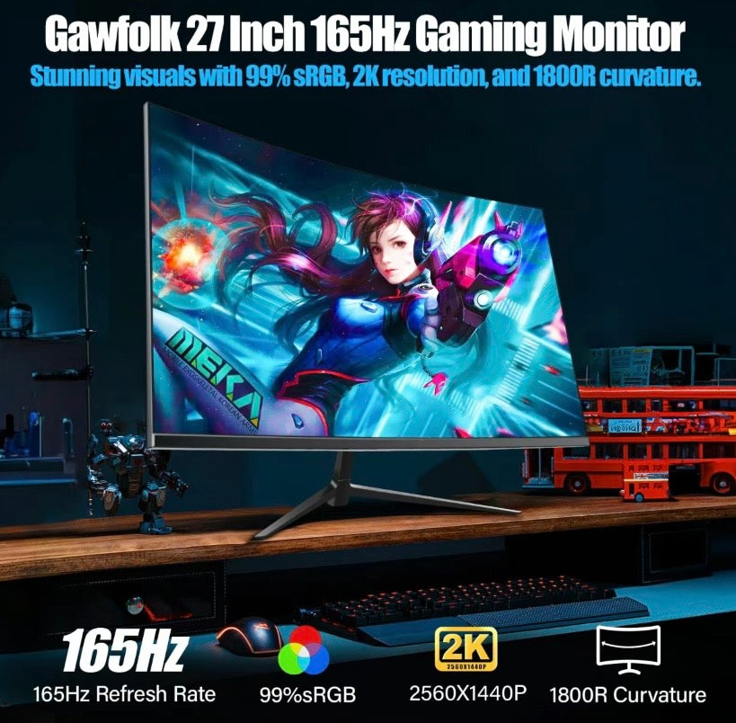 2K QHD Curved Gaming Monitor 165Hz 1ms Ultra Slim Display