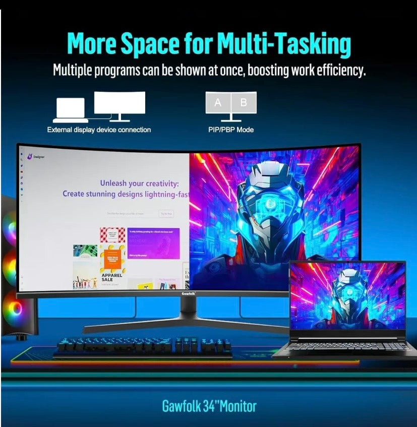 34” Ultrawide Curved Gaming Monitor 165Hz WQHD 21:9 FreeSync