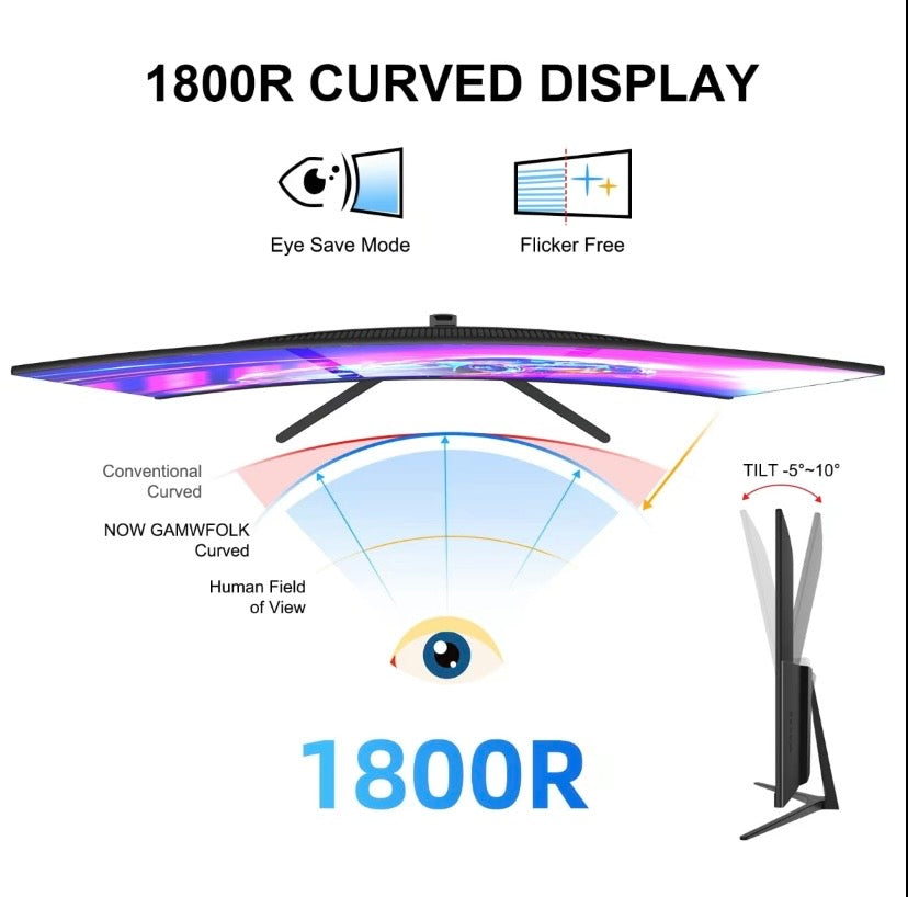 2K QHD Curved Gaming Monitor 165Hz 1ms Ultra Slim Display